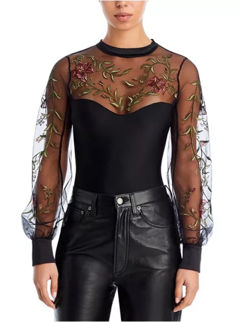 Thistle & Spire Livia Floral Embroidered Mesh Bodysuit Black Sheer Puff Sleeve M